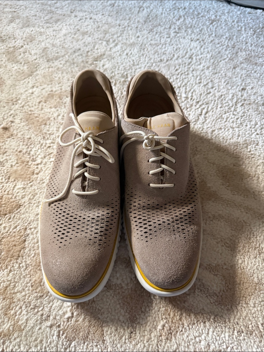 Cole Haan Taupe Suede Perforated Lace-Up Oxfords with Yellow Sole Accent